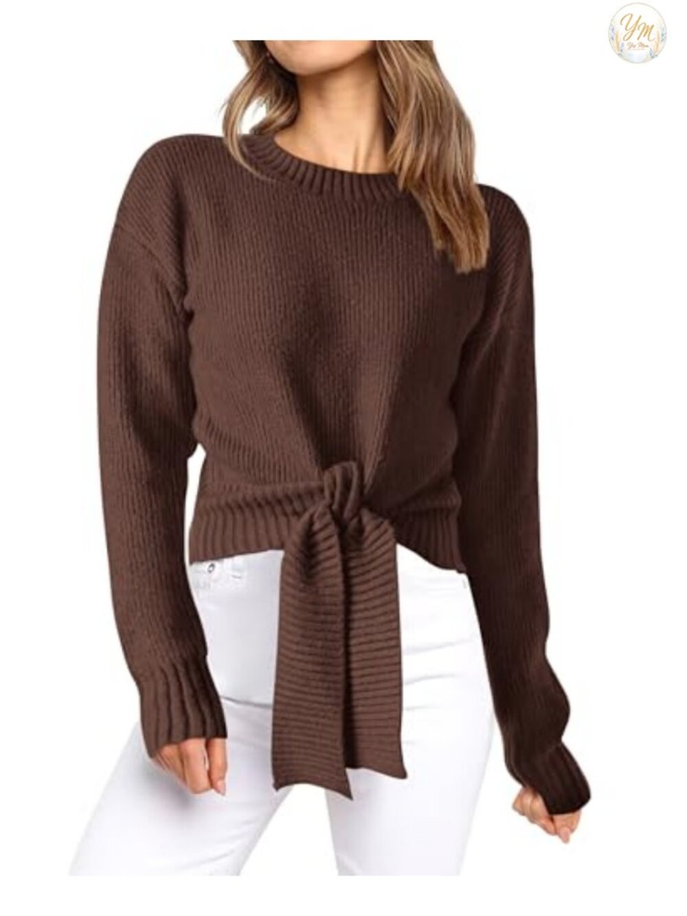 Womens Cable Knit Crew Neck Long Sleeve Tie Front Cropped Sweater Pullover